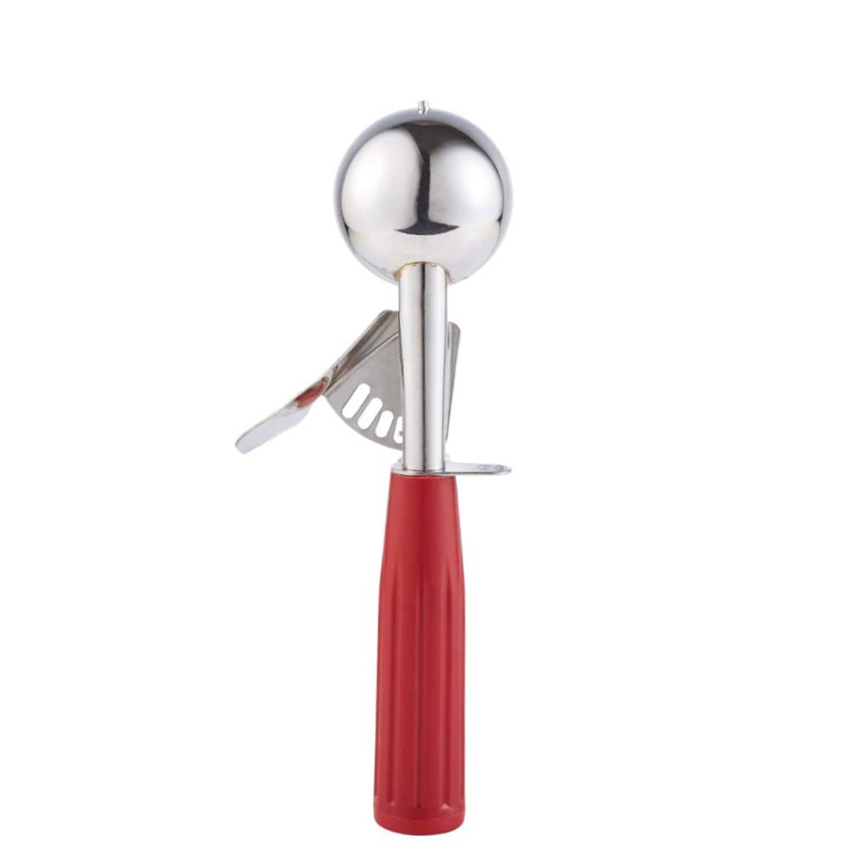 Red cookie disher scoop with stainless steel bowl and trigger lever