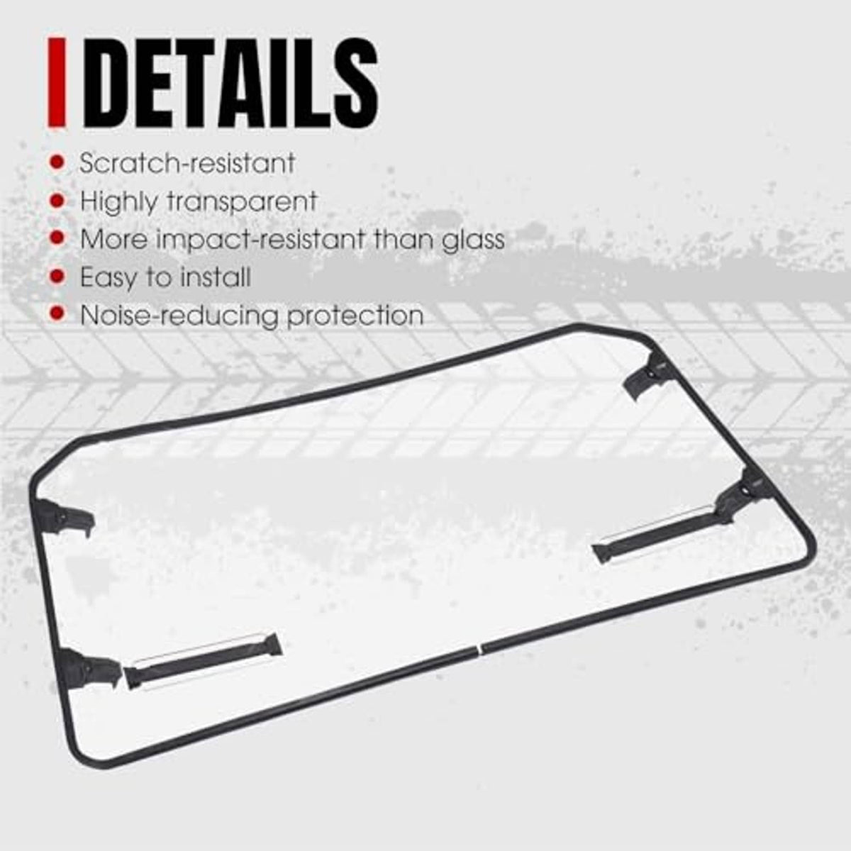 Vented full front windshield panel with black frame and mounting hardware