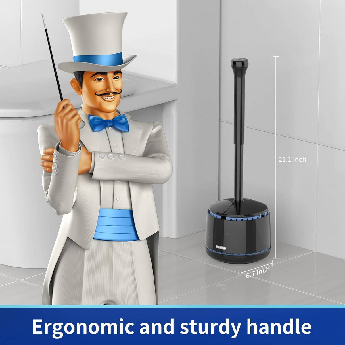 Black toilet plunger with holder base, long handle with blue accent ring.