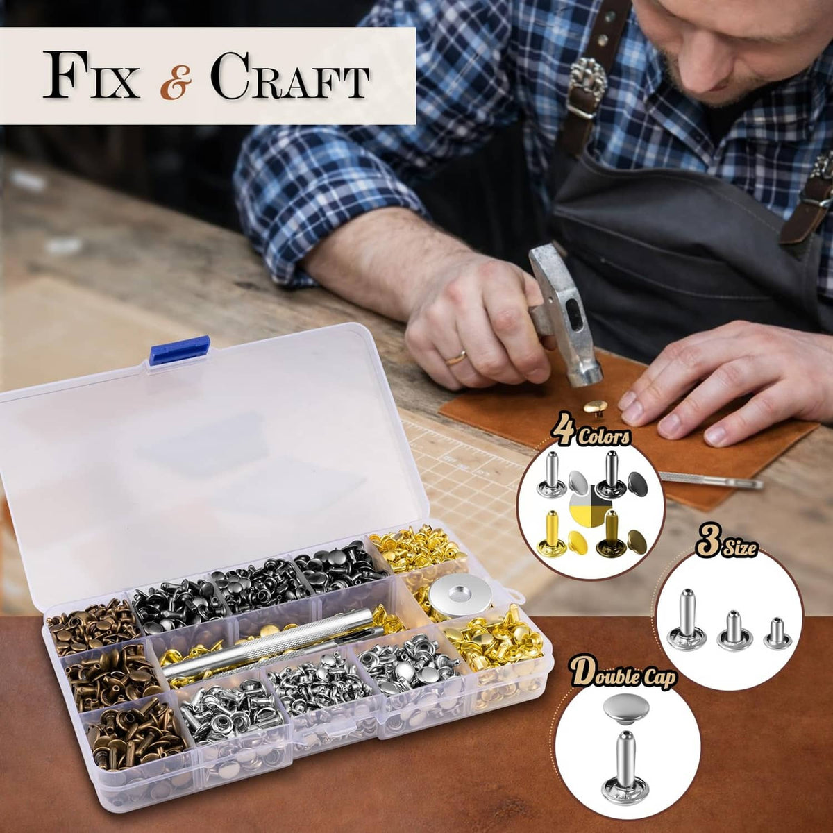 Assorted leather rivets in an open plastic case with a metal setting tool