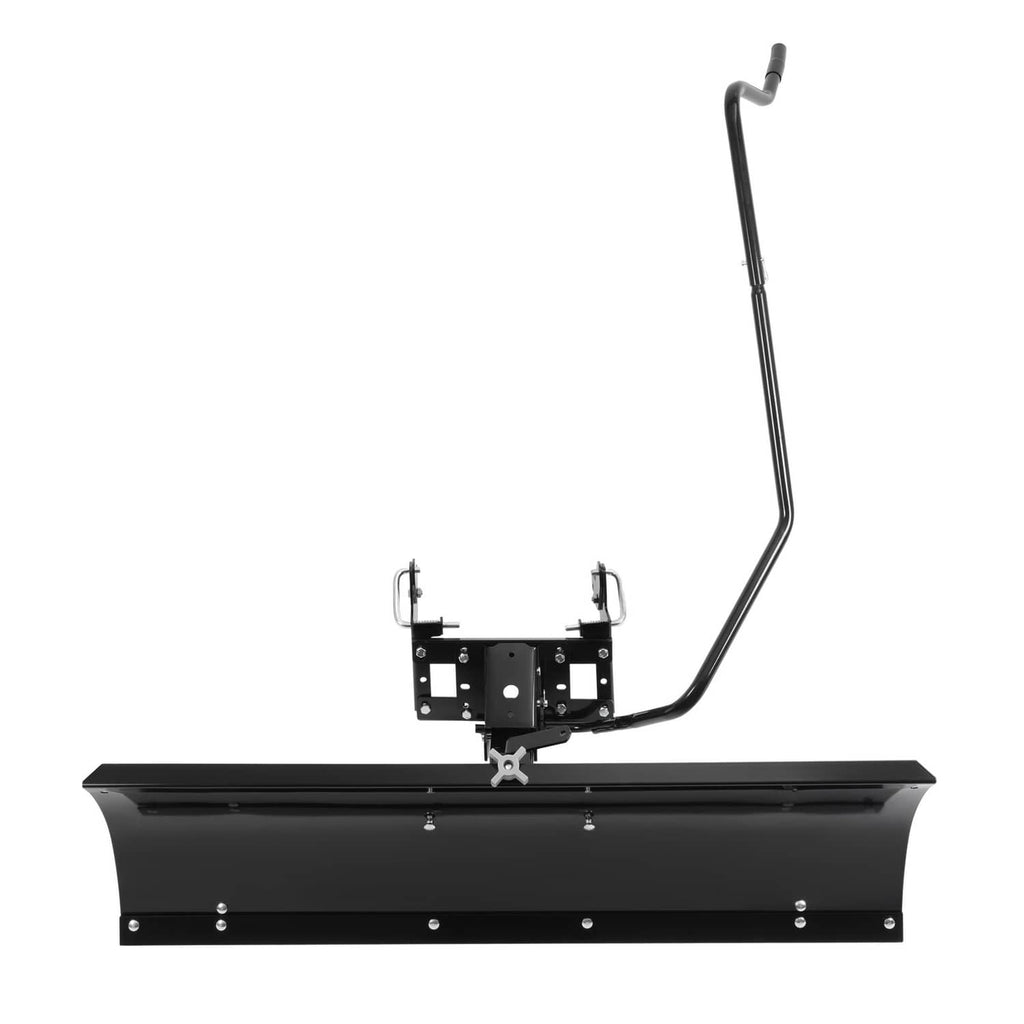 Snow blade plow attachment with black blade, lift handle, and central mounting frame