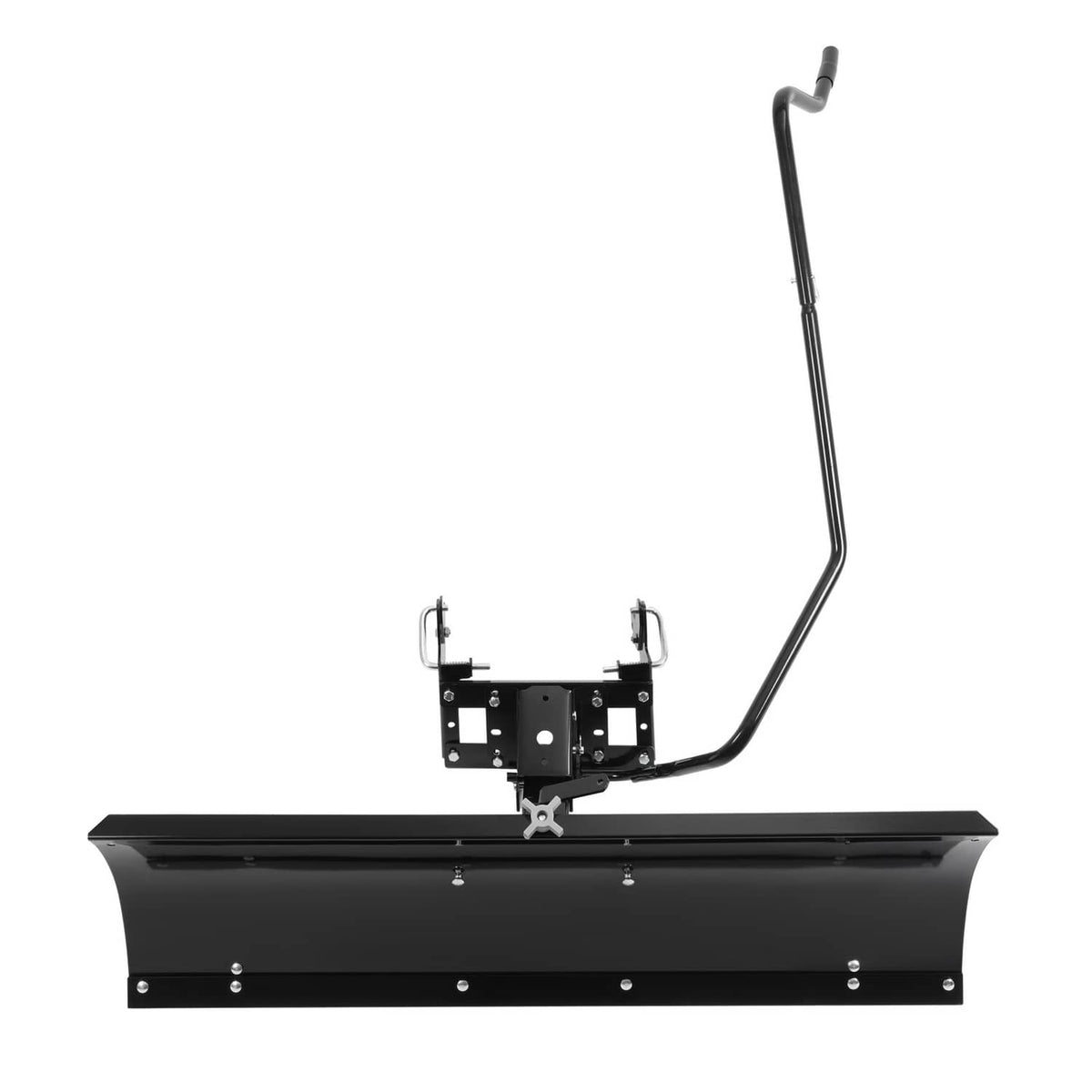 Snow blade plow attachment with black blade, lift handle, and central mounting frame