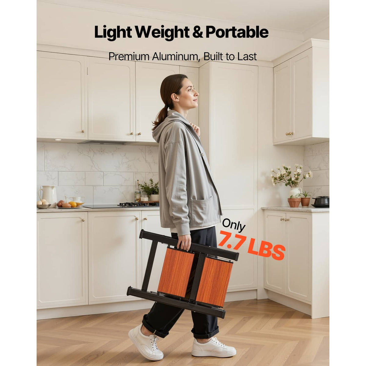 2-step aluminum folding ladder carried easily; dark frame and brown wooden steps