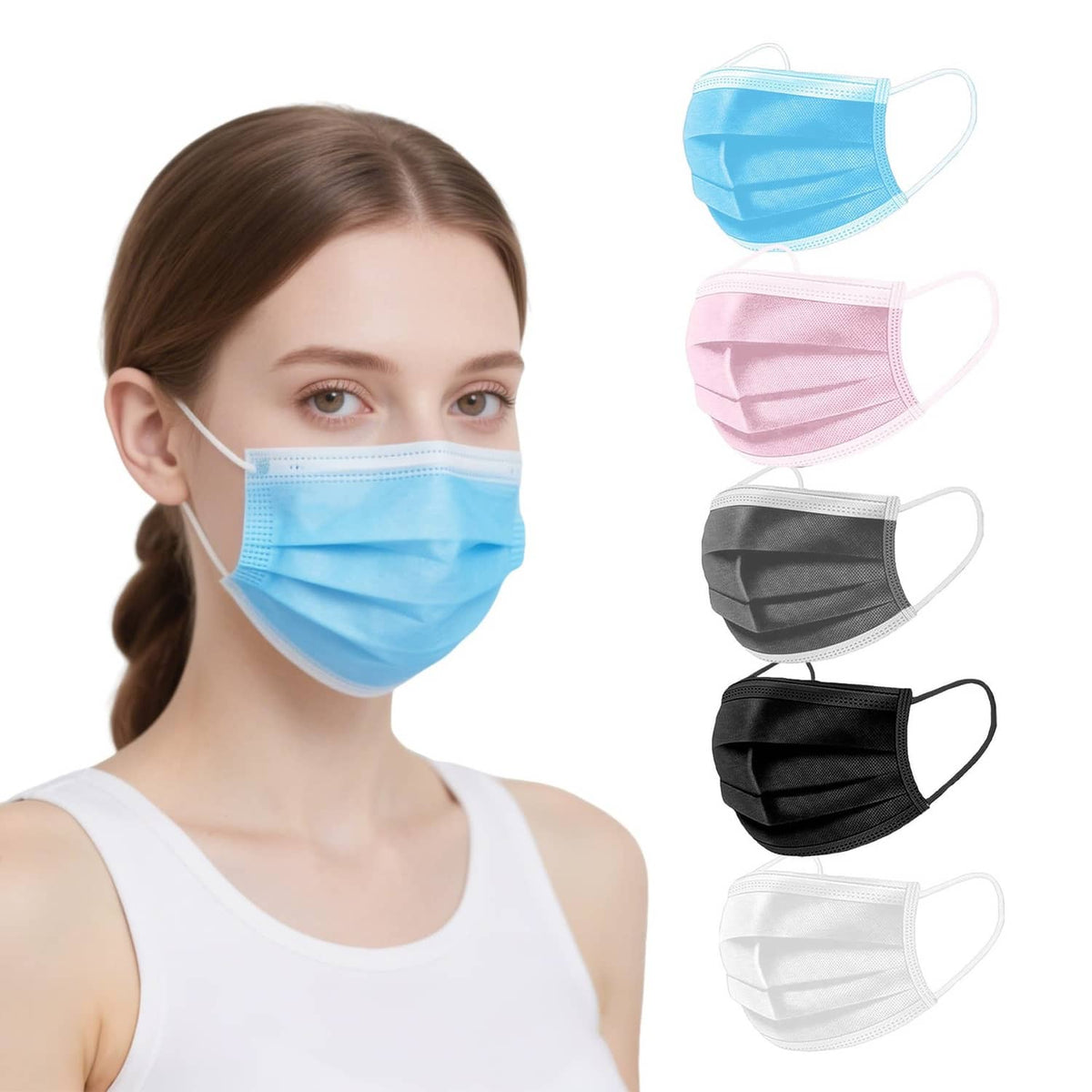 Disposable face masks in blue, pink, black, and white with ear loops.