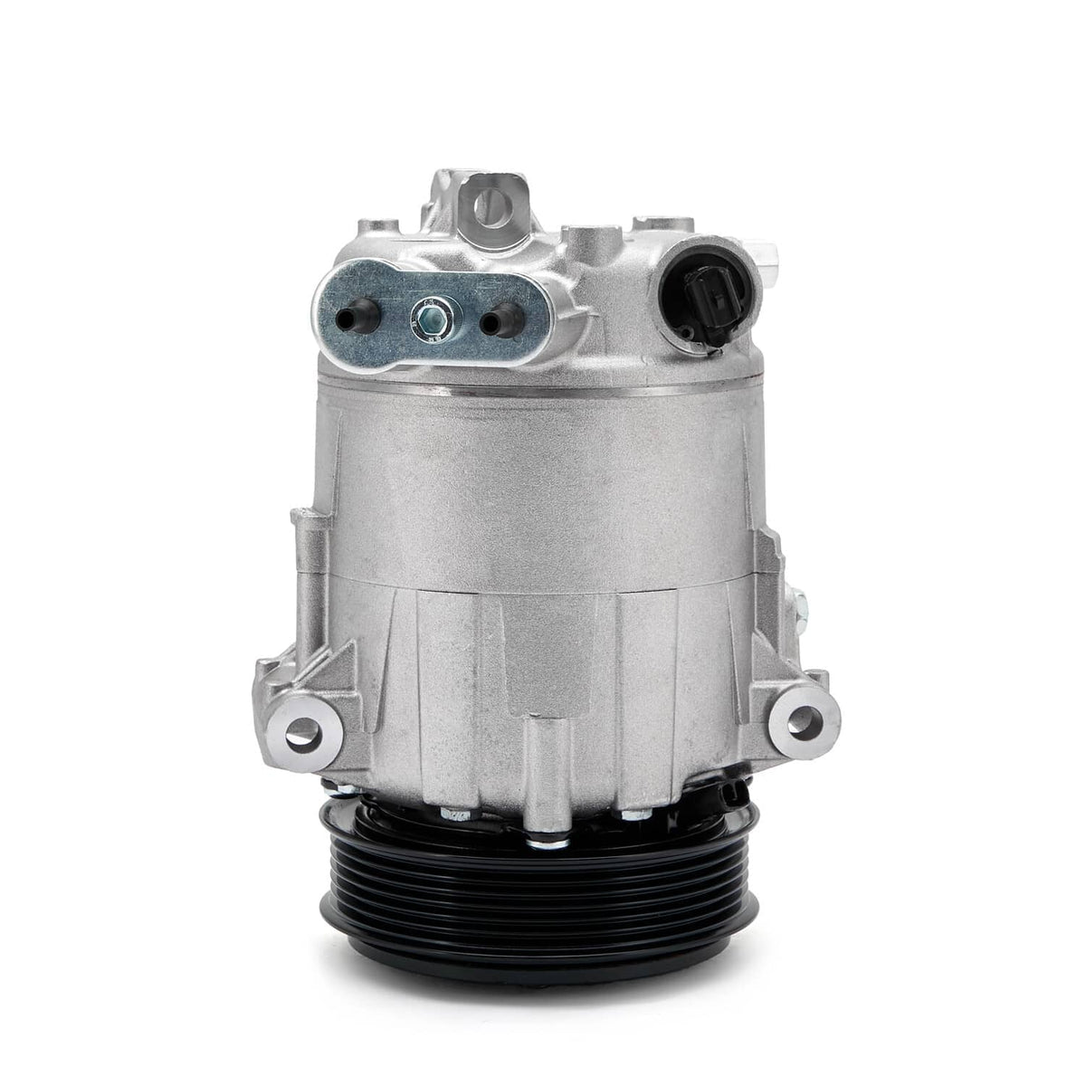 A/C compressor with clutch, front view showing ports and black pulley belt