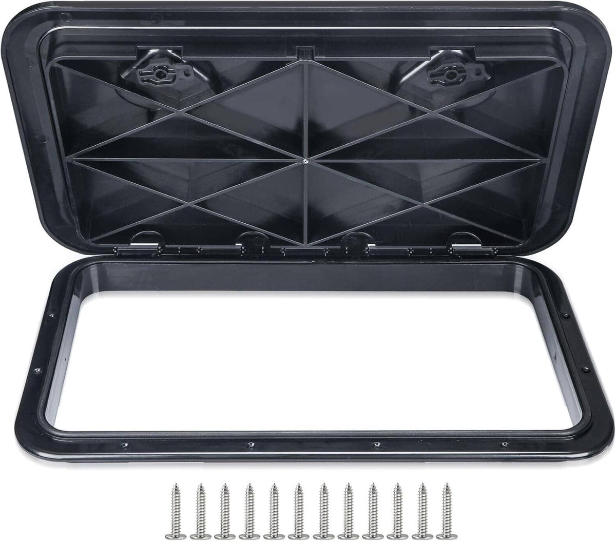 Dark marine boat deck hatch cover with hinged lid open; screws shown.