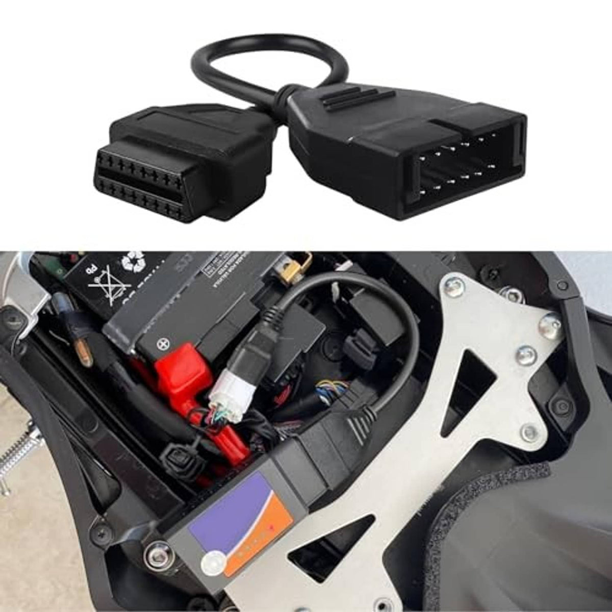 OBD scanner cable adapter plugged in with visible wiring and red lock tab