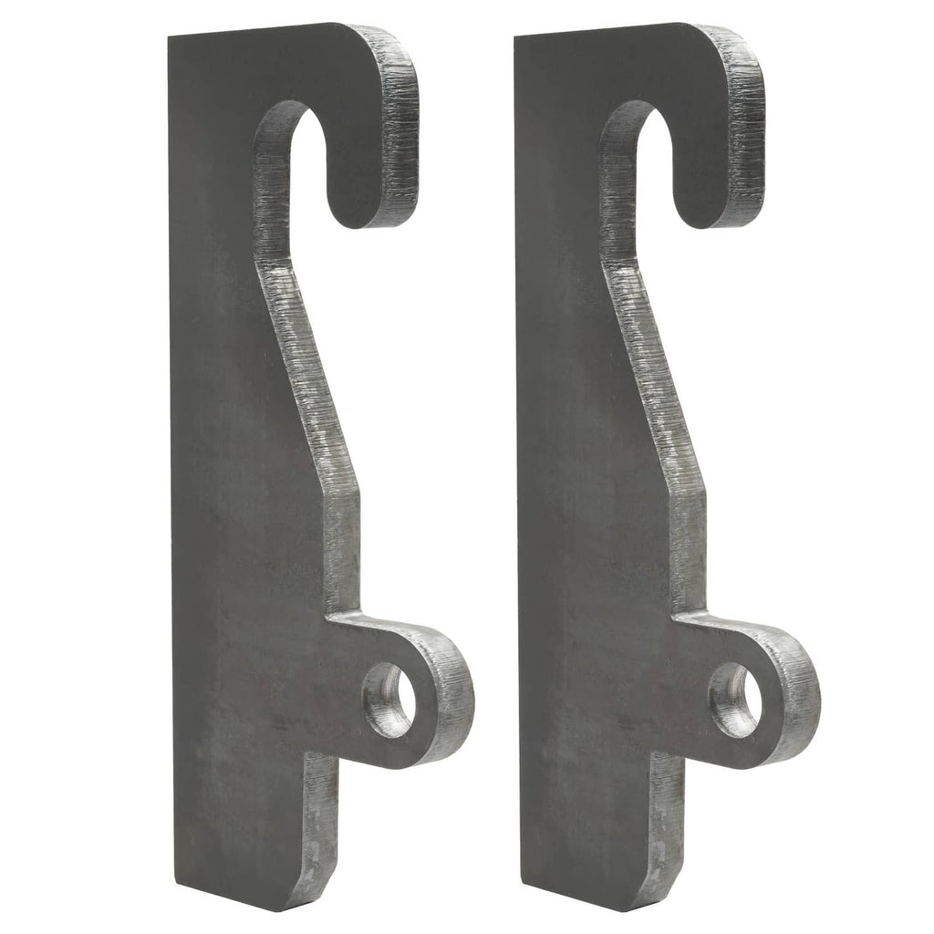 Two dark steel bracket pieces with wear ear hooks and mounting holes
