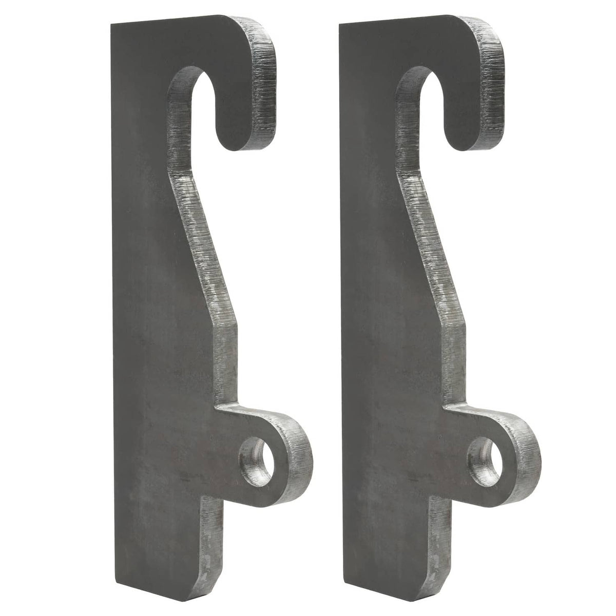 Two dark steel bracket pieces with wear ear hooks and mounting holes