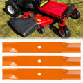 Lawn mower with mounted mower blades on the deck, black and red mower body