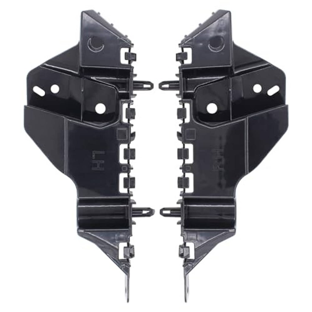 Pair of black front bumper bracket retainers with row of clips and mounting holes