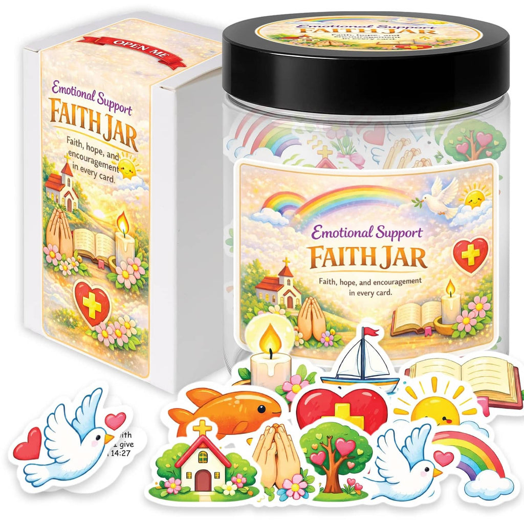 Emotional Support Faith Jar with black lid, shown with faith-themed die-cut cards and gift box