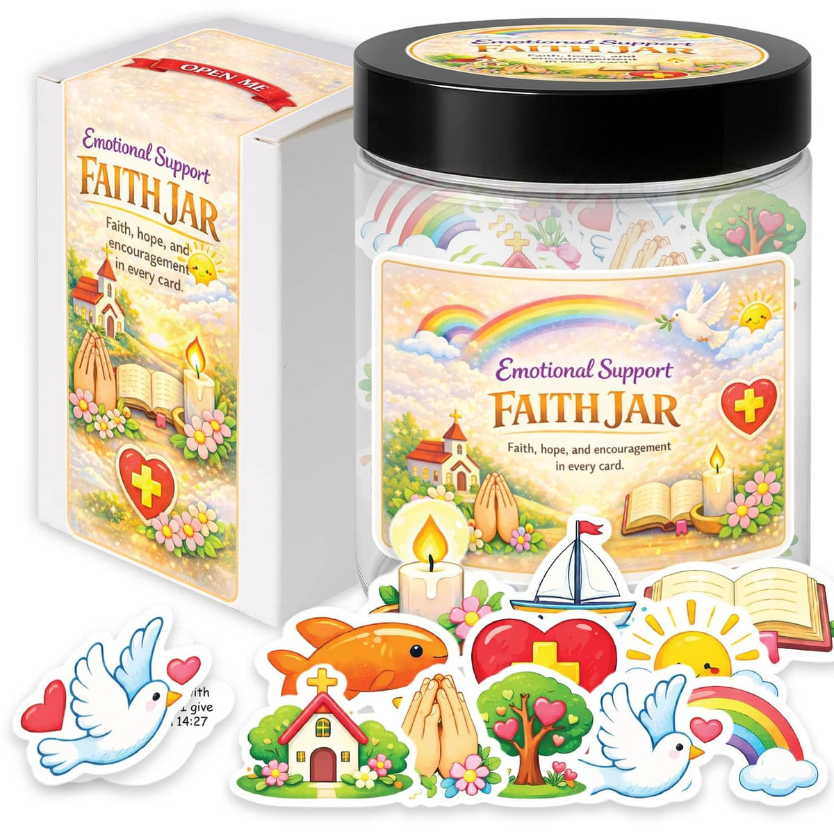 Emotional Support Faith Jar with black lid, shown with faith-themed die-cut cards and gift box