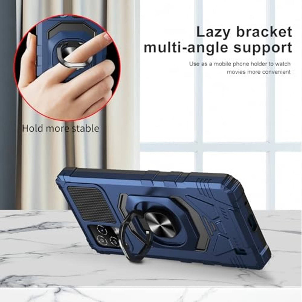 Blue rugged phone case with ring kickstand on desk, multi-angle support