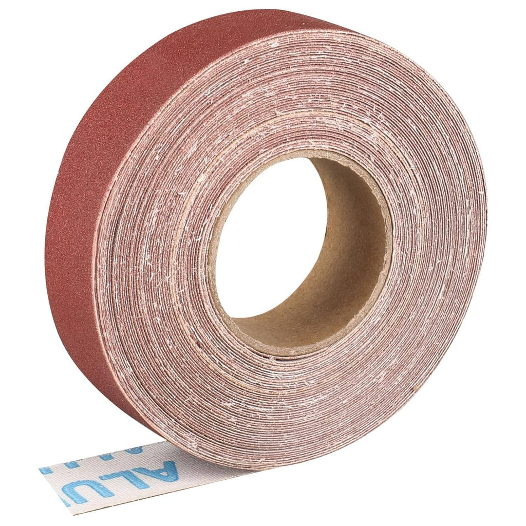 Red 240-grit emery cloth sandpaper roll close-up, visible inner core and edge