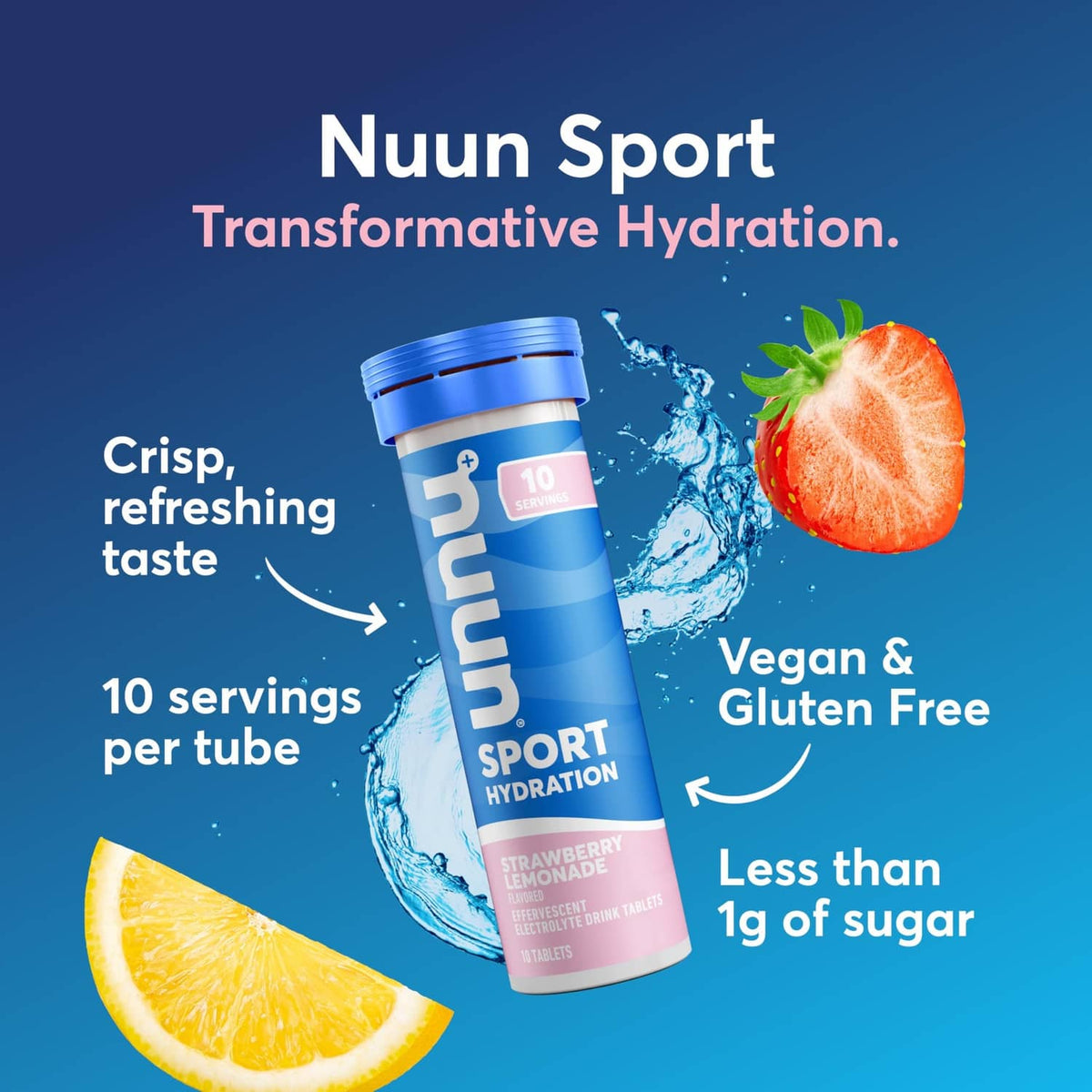 Nuun Sport hydration tube with strawberry lemonade splash and grapefruit slice