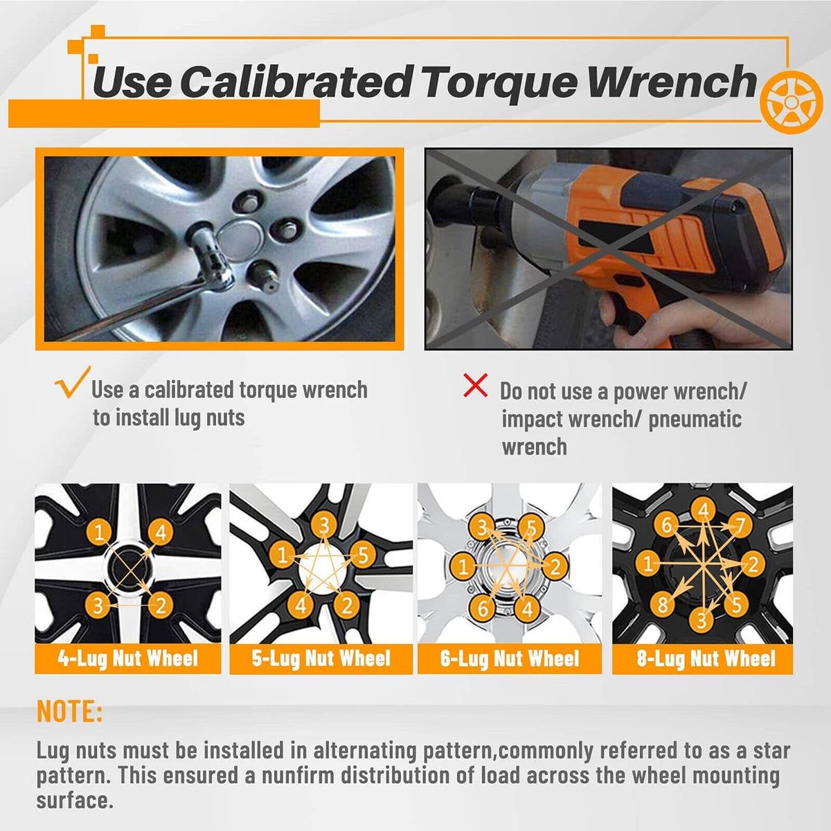 Wheel lug nut install order and torque wrench guidance infographic