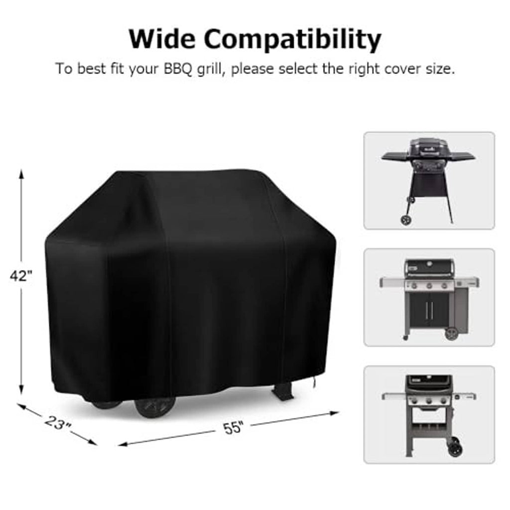 Black 55-inch grill cover with tailored hood and secure bottom straps