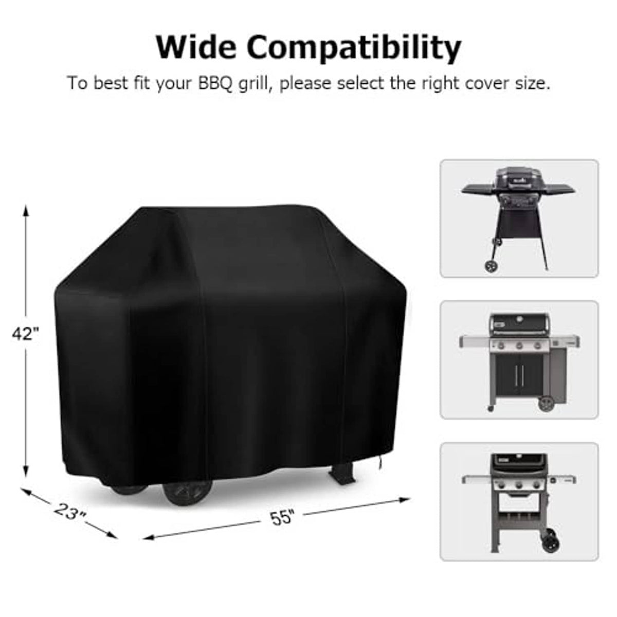 Black 55-inch grill cover with tailored hood and secure bottom straps