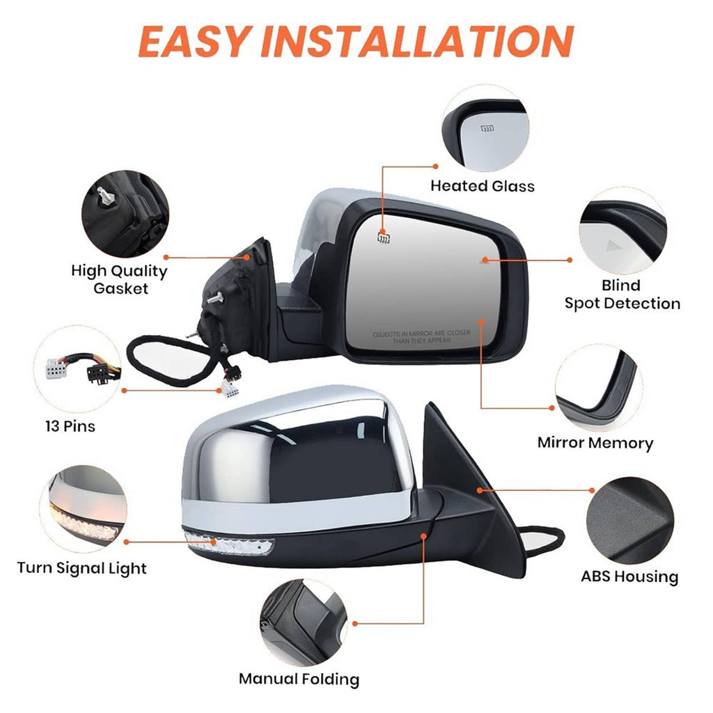 Blind-spot side mirror kit with heated glass, manual folding, and 13-pin connector
