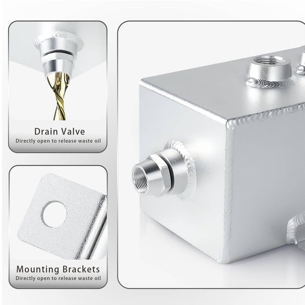 Oil catch can drain valve and mounting bracket details on baffled tank