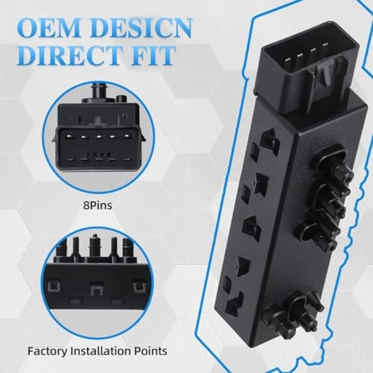 Black direct-fit seat switch with multi-pin connector and side release tabs