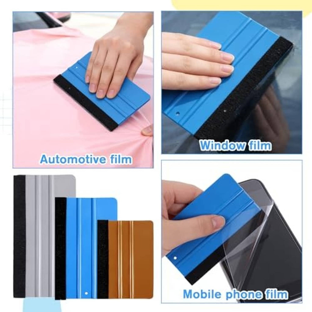 Vinyl wrap squeegee with felt edge, blue pad applied to smooth film on glass