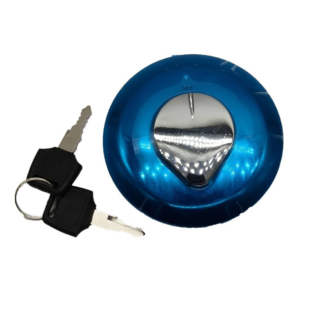Blue fuel tank cap with black keys and two spare key blanks