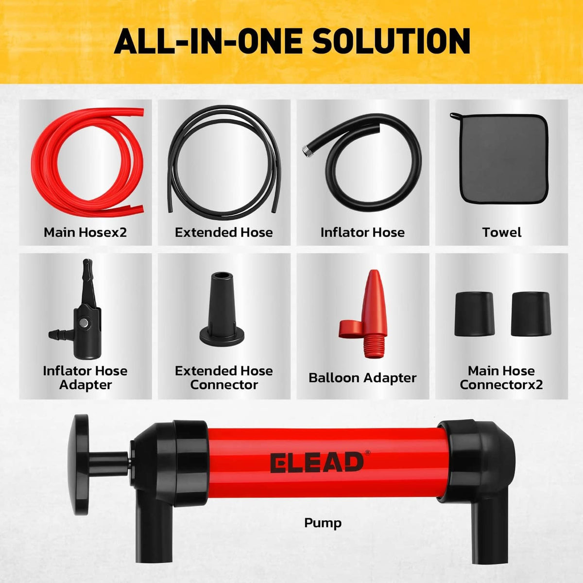 Multi-use fluid transfer pump with red main hose, black hoses, adapters, and towel