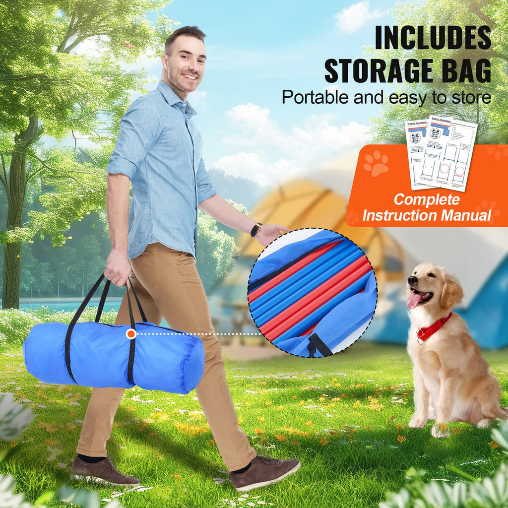 Blue storage bag for dog agility equipment with carry handles and red zip accents