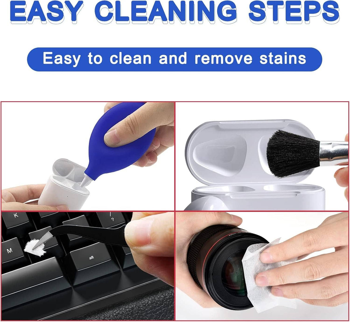 Electronics cleaning tools: soft brush, swabs, and microfiber cloth for ports