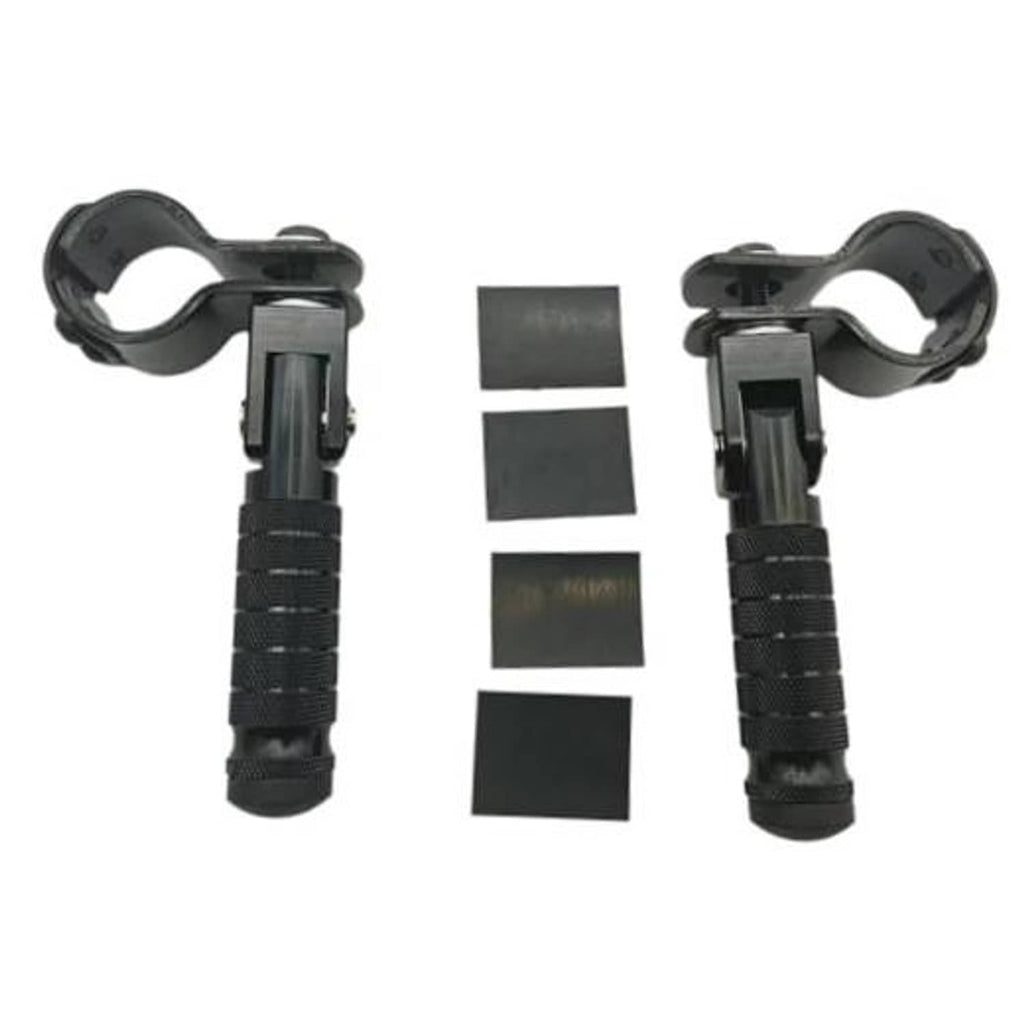 Foldable motorcycle foot pedal pair with black textured grips and clamp mounts