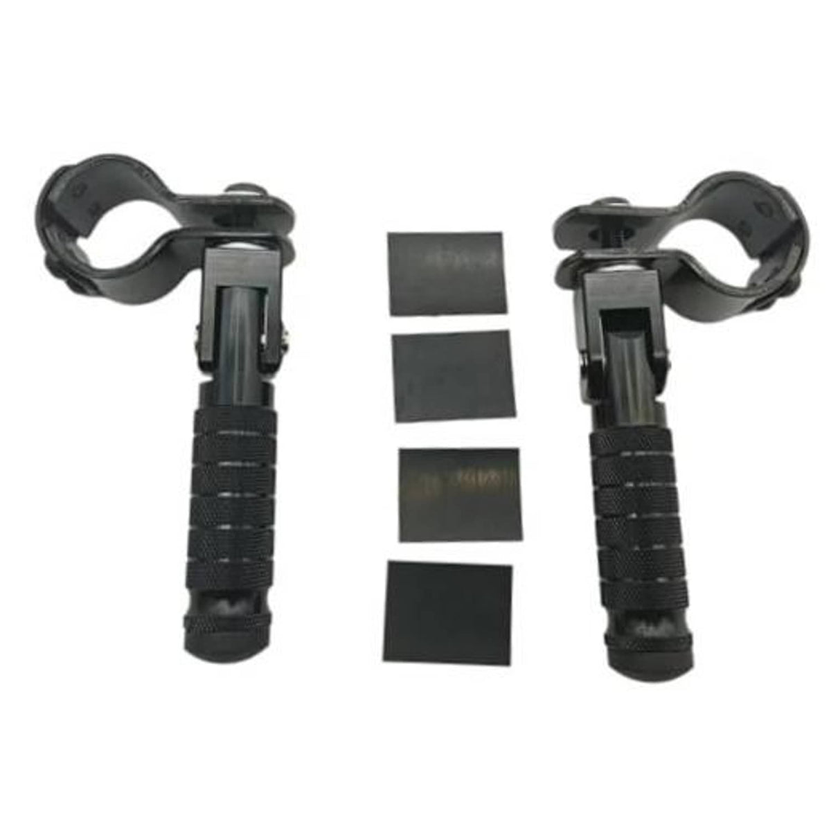 Foldable motorcycle foot pedal pair with black textured grips and clamp mounts