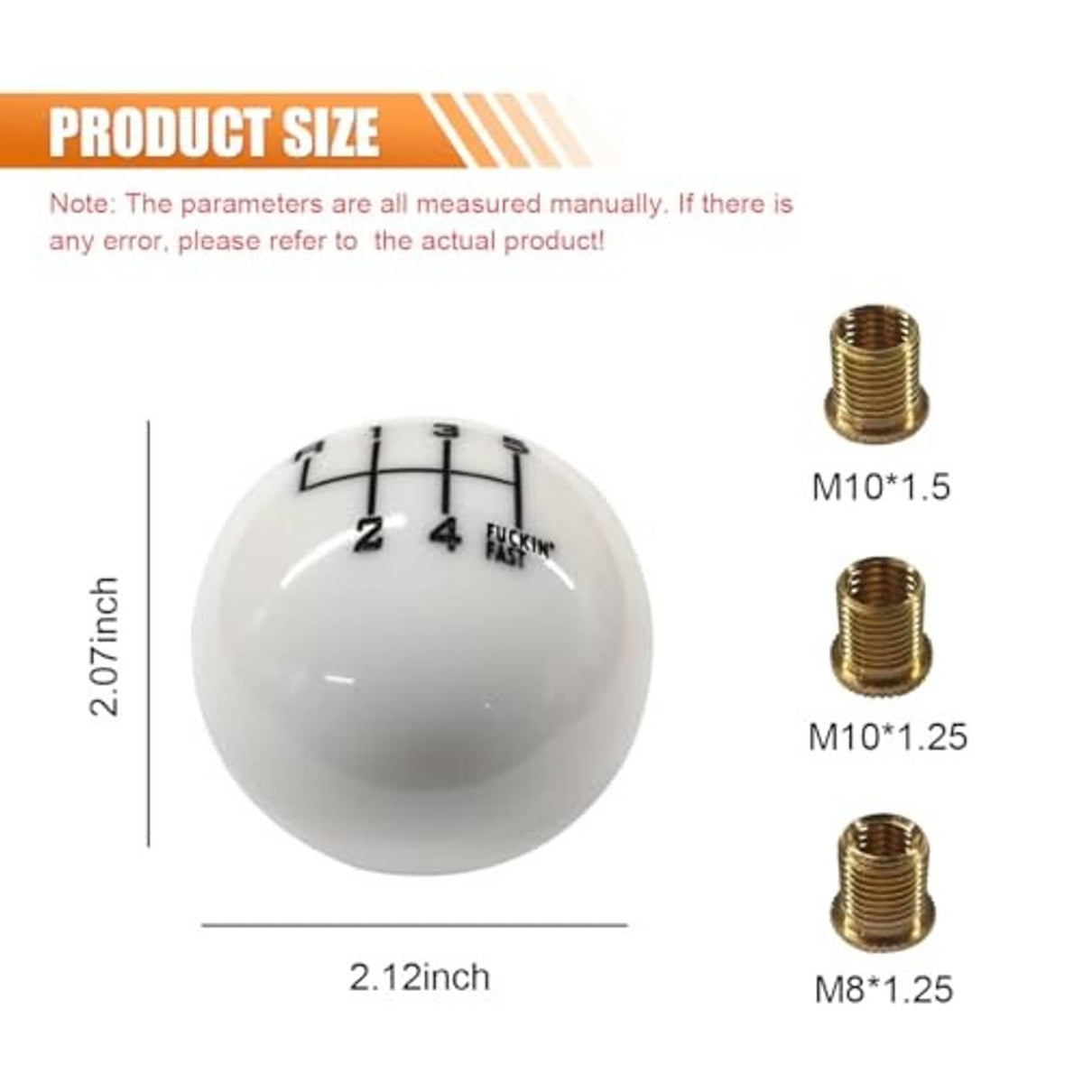 White round gear shift knob with black gear markings and three brass-colored thread adapters