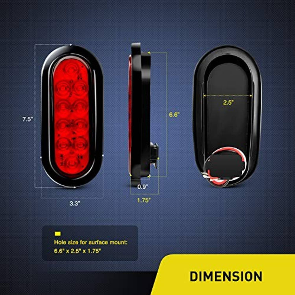 Red oval LED tail lights with side and end angles, plus size diagram