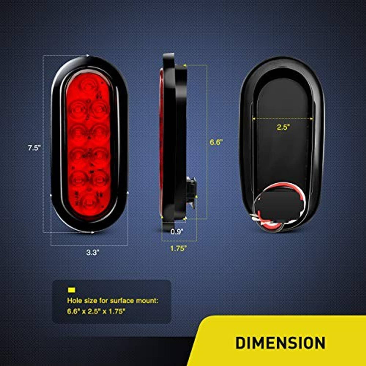 Red oval LED tail lights with side and end angles, plus size diagram