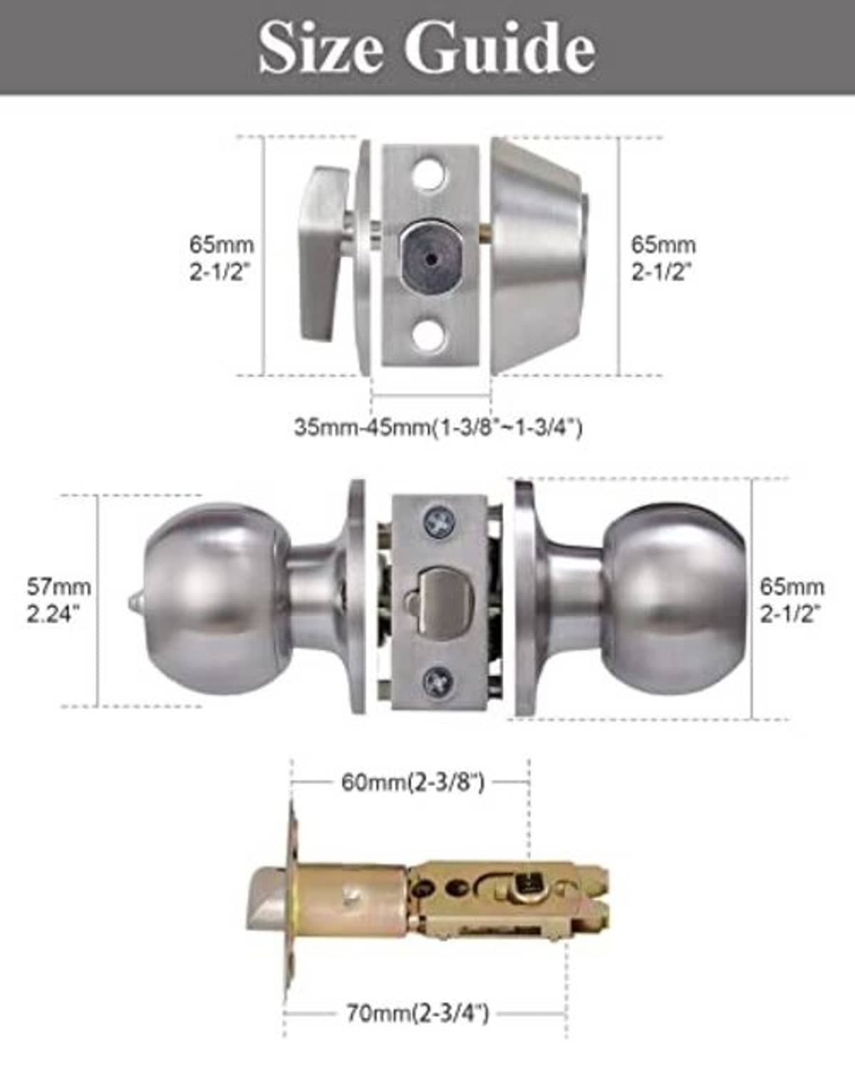 Deadbolt lockset size guide diagram with key cylinder and lever dimensions.