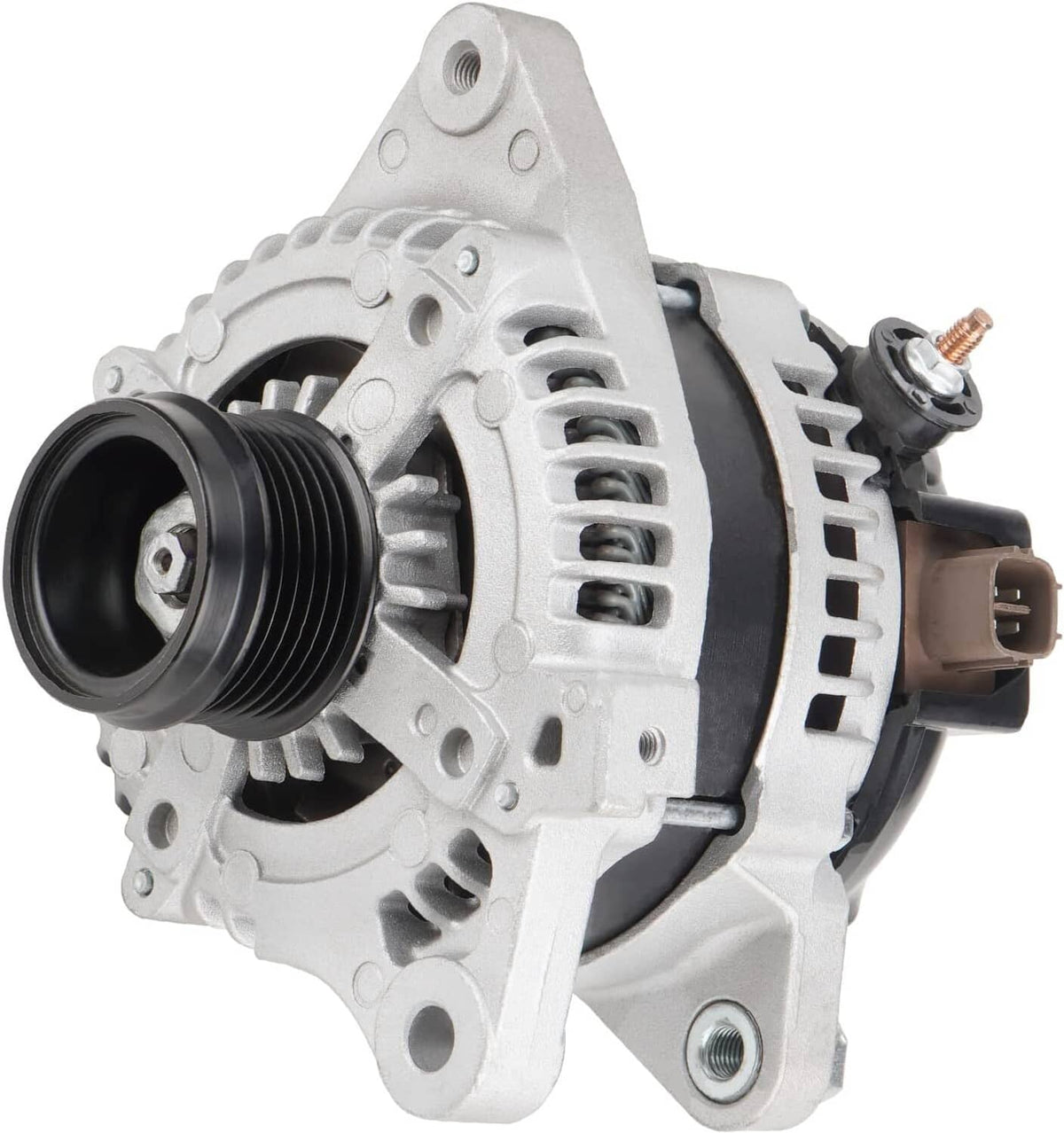 Silver alternator with belt pulley and electrical connector, front view