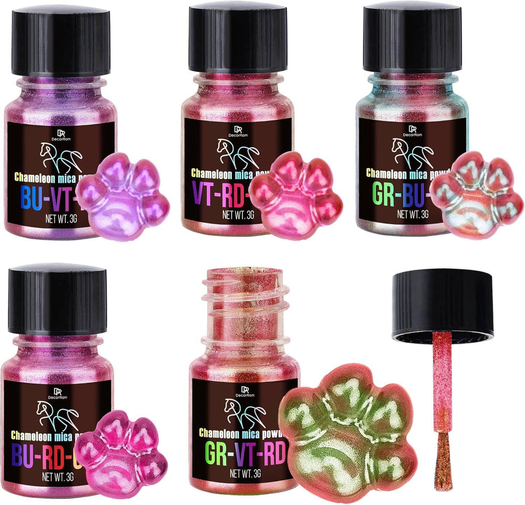 Chameleon mica powder bottles with color labels and sample pigment