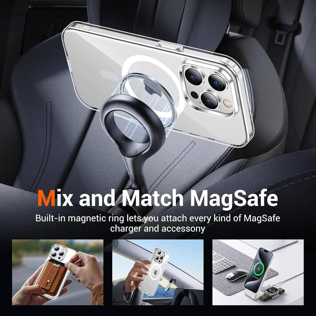 Clear iPhone 15 Pro Max case with MagSafe-style circular ring visible on the back