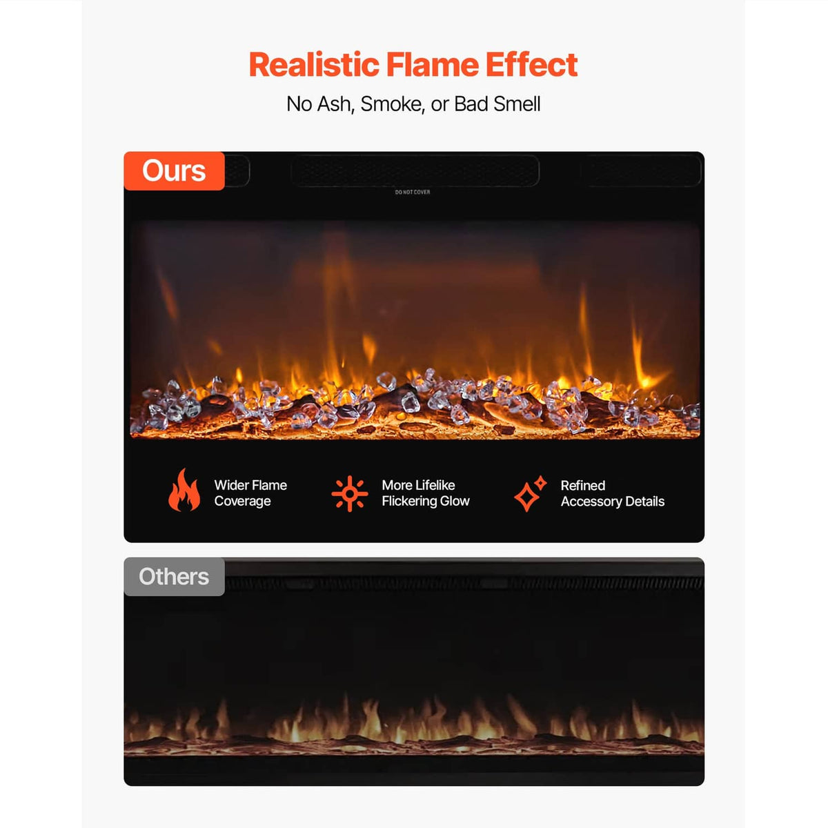 Electric fireplace showing realistic flame effect with glowing embers inside the viewing window