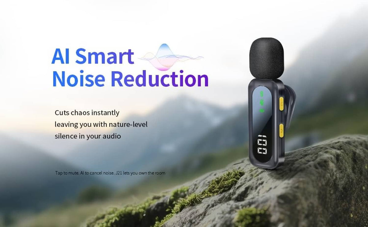 Black wireless lavalier microphone with LED display, clip, and foam windscreen