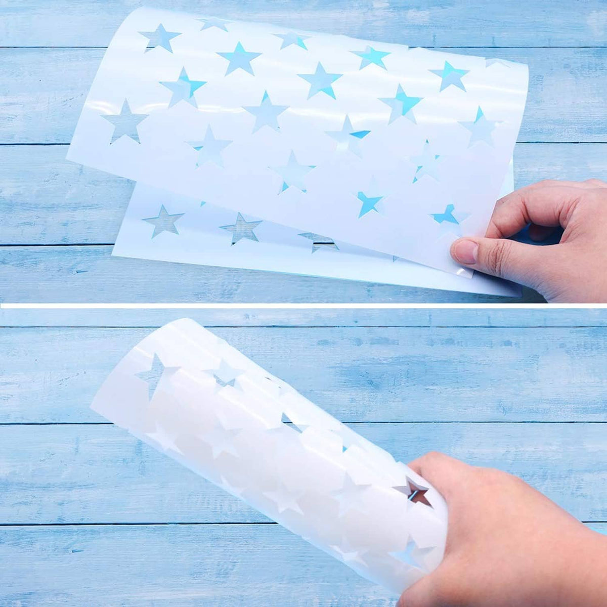 Transparent plastic star stencil sheet with light-blue star shapes, held in hand