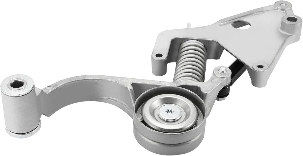 Belt tensioner with pulley and coil spring, silver metal bracket assembly.