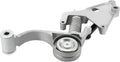 Belt tensioner with pulley and coil spring, silver metal bracket assembly.