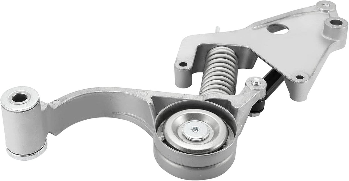 Belt tensioner with pulley and coil spring, silver metal bracket assembly.