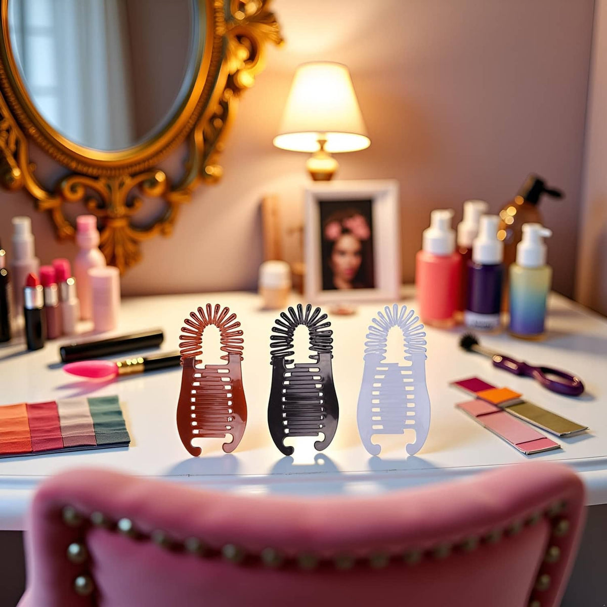 Three elongated banana hair clips: red-brown, black, and light lavender