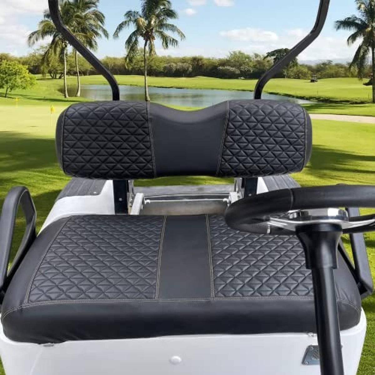 Black quilted golf cart front seat covers installed on seat back and bottom cushion