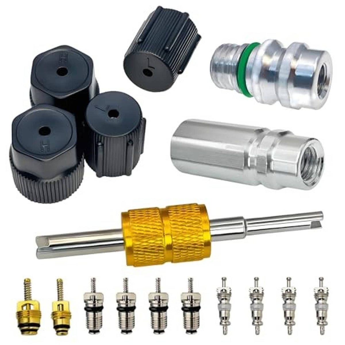 Air conditioning valve core kit components: black caps, silver fittings, green O-ring, gauge valves