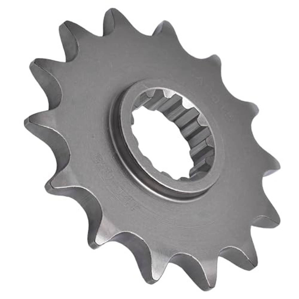Metal front motorcycle sprocket with center splined hole and sharp gear teeth, angled